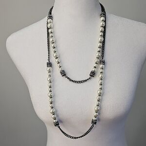 WHBM‎ Elegant Pearl & Gunmetal Chain 2-Strand Necklace w Crystal Embellishments